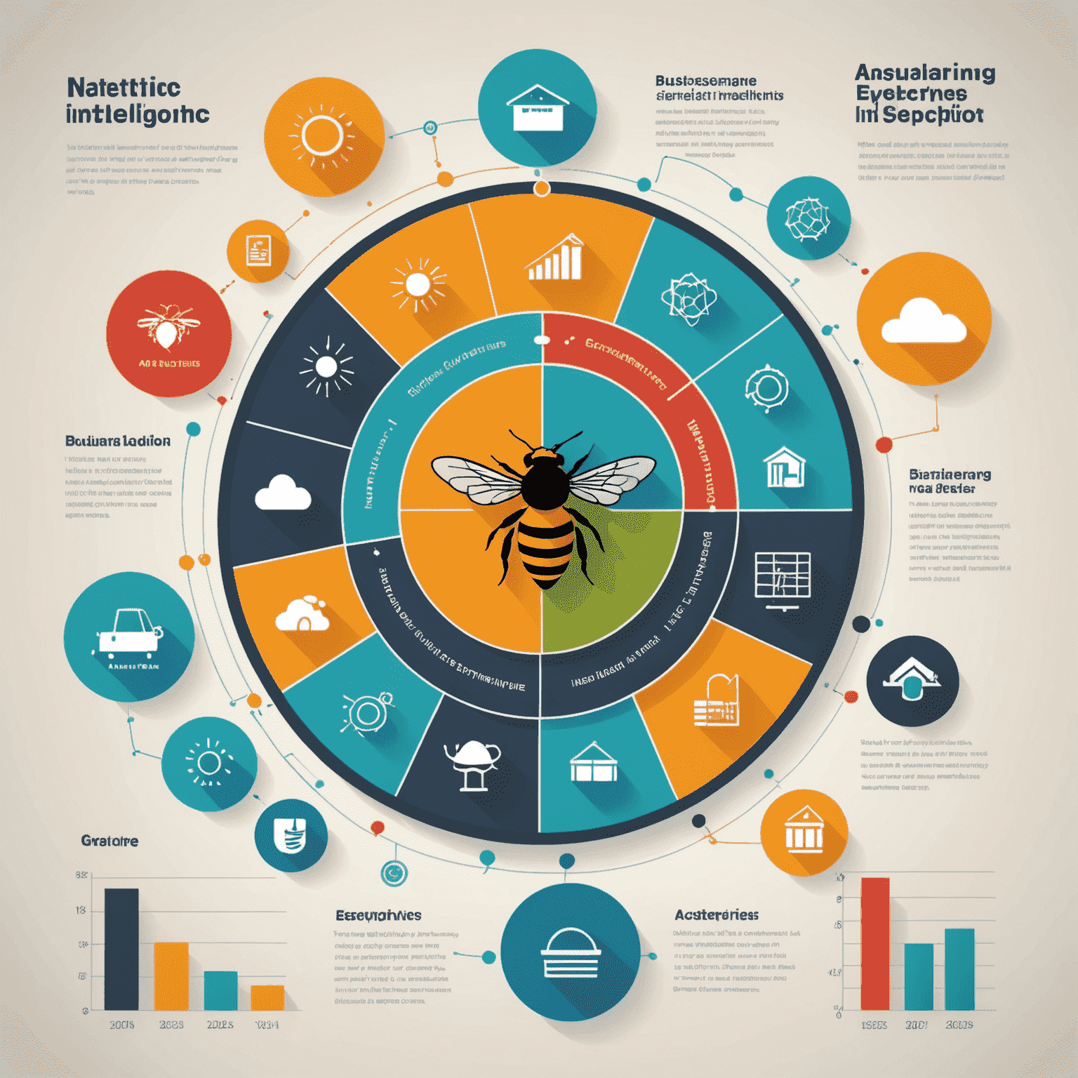 A graph showing upward trends in Business Intelligence adoption among small and medium-sized enterprises, with icons representing various industries including agriculture and beekeeping