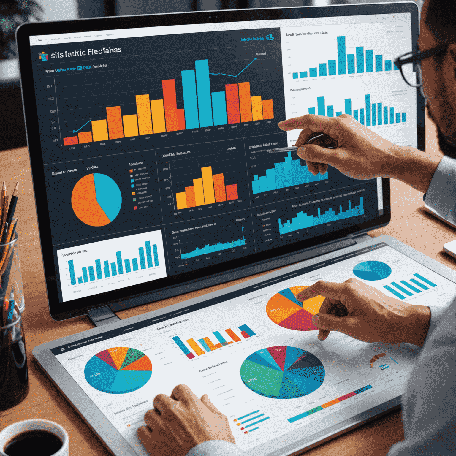 A collage of various data visualization methods including bar charts, pie charts, and line graphs, with a person pointing to a large dashboard display. The charts are colorful and modern, showcasing different aspects of business analytics for small and medium-sized businesses.
