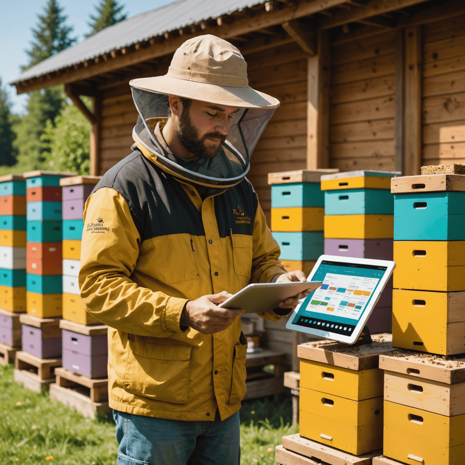 A beekeeper using a tablet to analyze hive data in front of colorful beehives. The screen shows ApiaryAnalytics dashboard with charts and graphs.