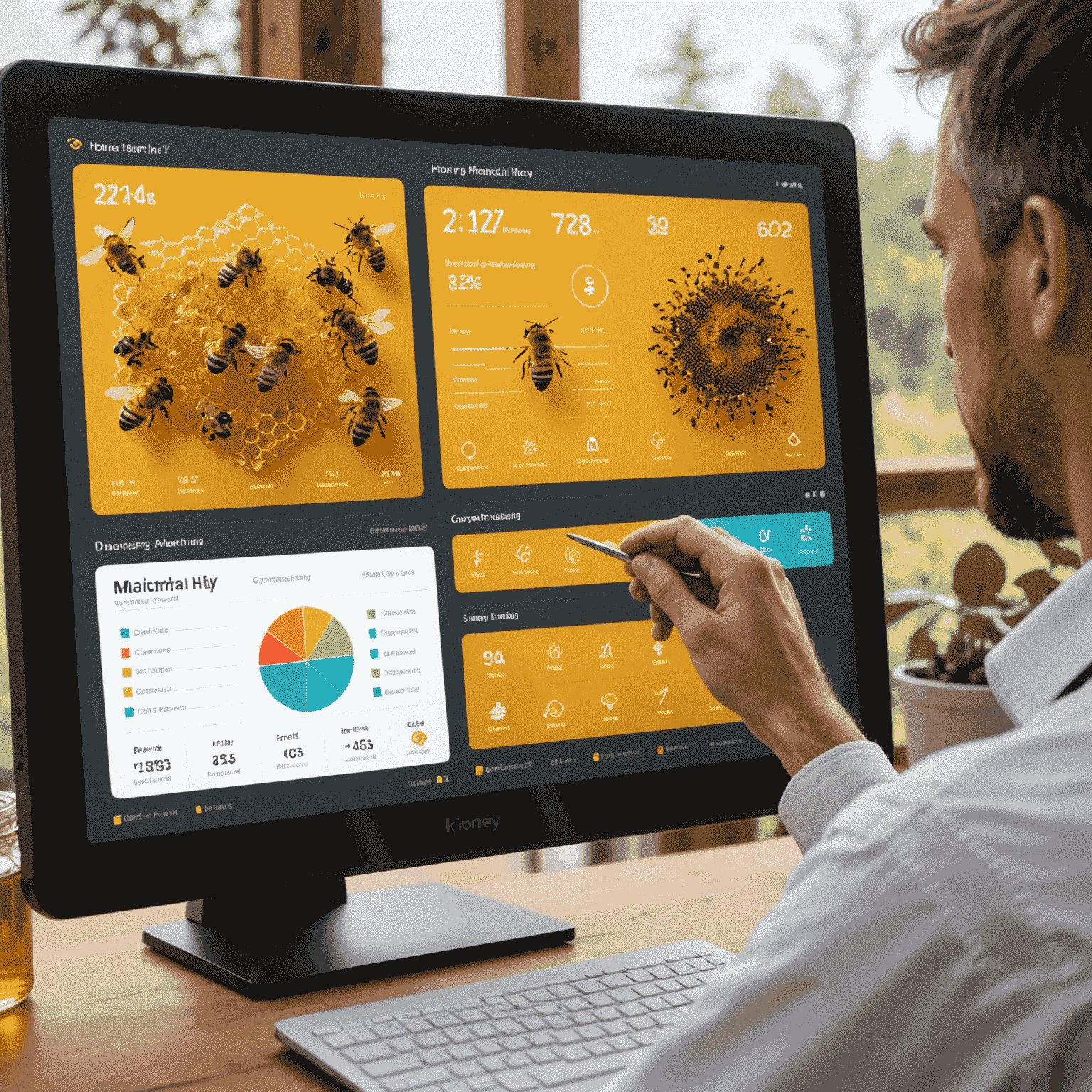 A sophisticated dashboard displaying various business metrics and KPIs for a beekeeping operation. The screen shows graphs of honey production, hive health, and weather patterns. A person is shown interacting with the touchscreen, adjusting report parameters.