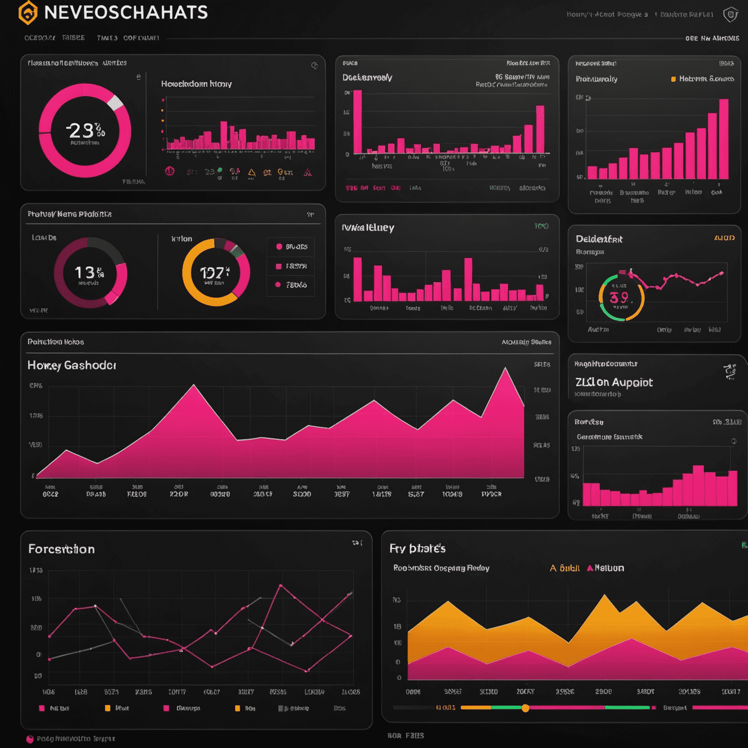 Visualization of predictive analytics dashboard showing forecasted honey production trends, with graphs and charts in red and pink colors on a black background