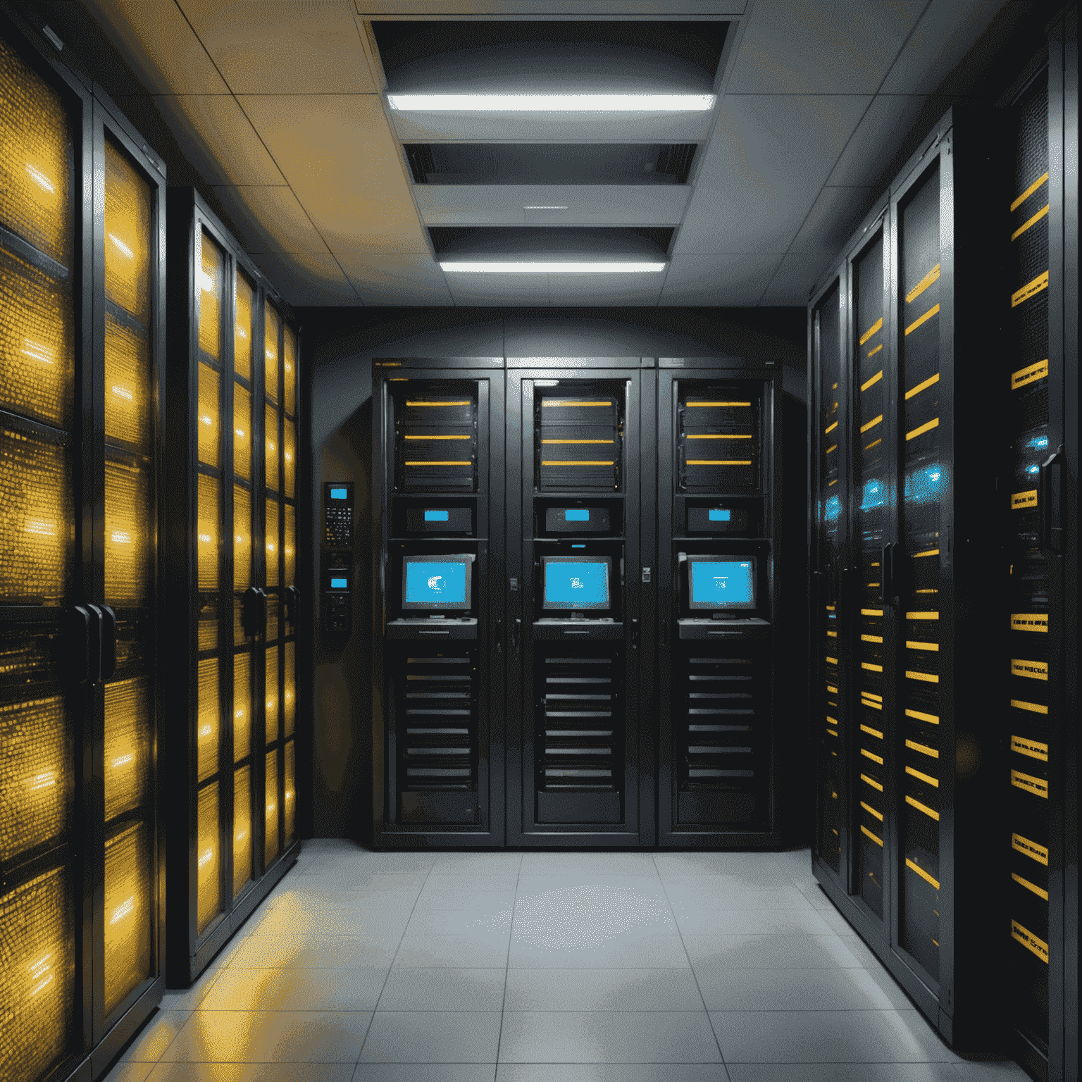 A secure server room with advanced encryption devices and biometric scanners, representing the robust security measures for ApiaryAnalytics' data protection
