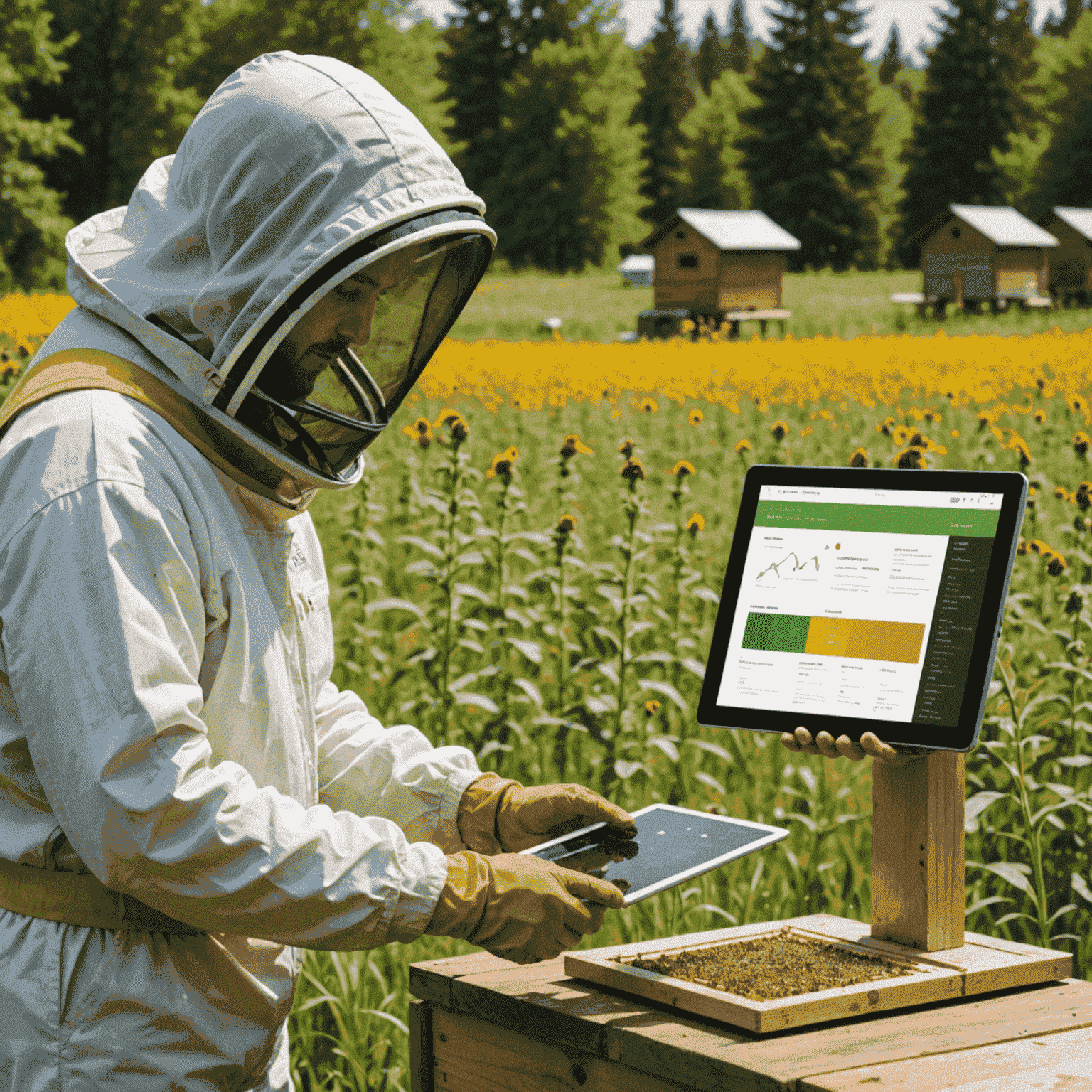 A split-screen image showing a beekeeper using a tablet in an apiary on one side, and on the other side, a detailed ApiaryAnalytics dashboard displaying hive health metrics, honey production forecasts, and environmental data visualizations.