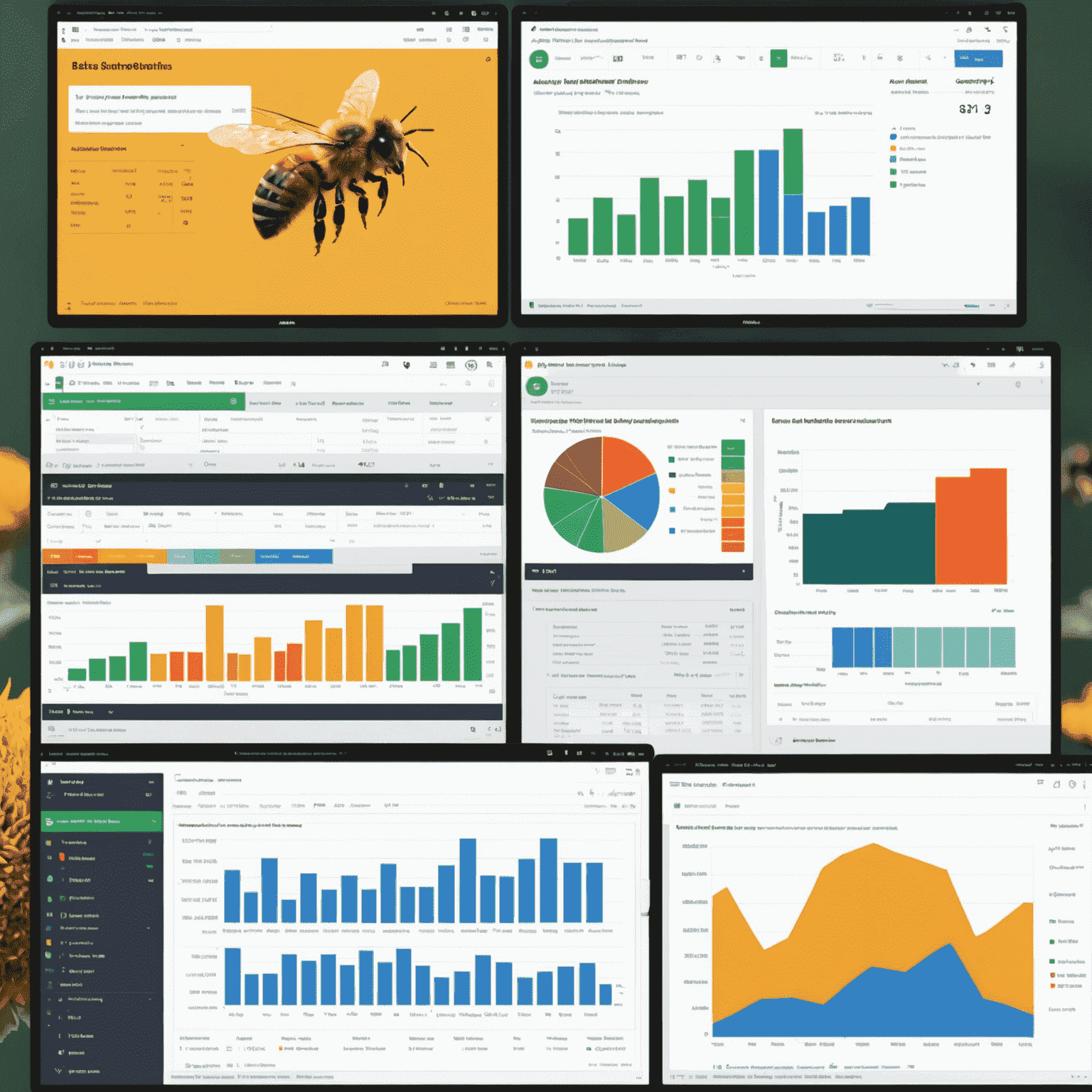 A split-screen image showing before and after ApiaryAnalytics implementation. Left side shows cluttered spreadsheets, right side displays clean, colorful dashboards with bee icons and upward trending graphs.