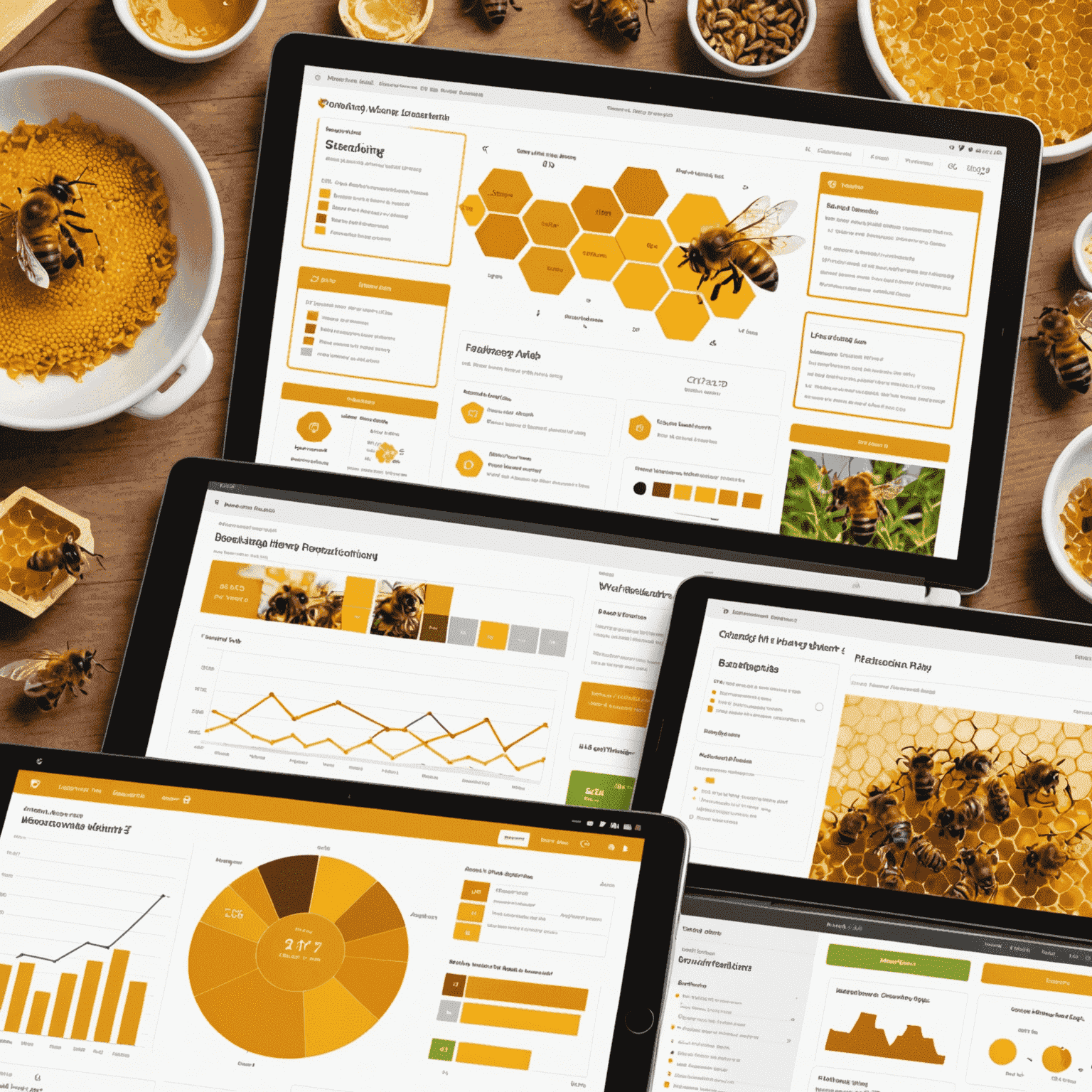 Interactive dashboard mockup showing various charts and graphs related to beekeeping analytics, including hive health and honey production metrics