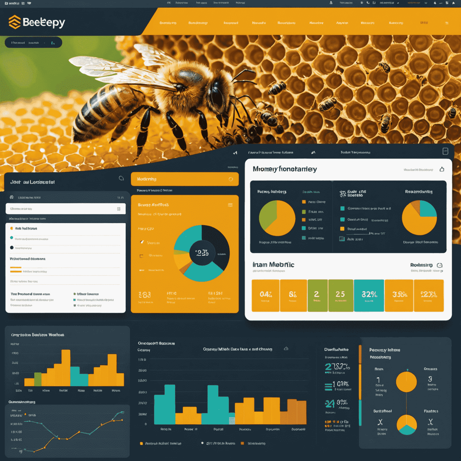 A split-screen view showing various customizable report templates for beekeeping analytics. One side displays a honey production forecast chart, while the other shows a hive health monitoring dashboard with colorful graphs and icons representing different bee-related metrics.