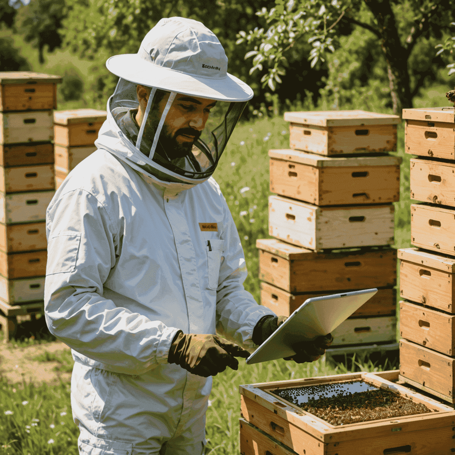 A beekeeper using a tablet to access secure ApiaryAnalytics dashboards in front of beehives, showcasing the integration of data security with smart beekeeping practices