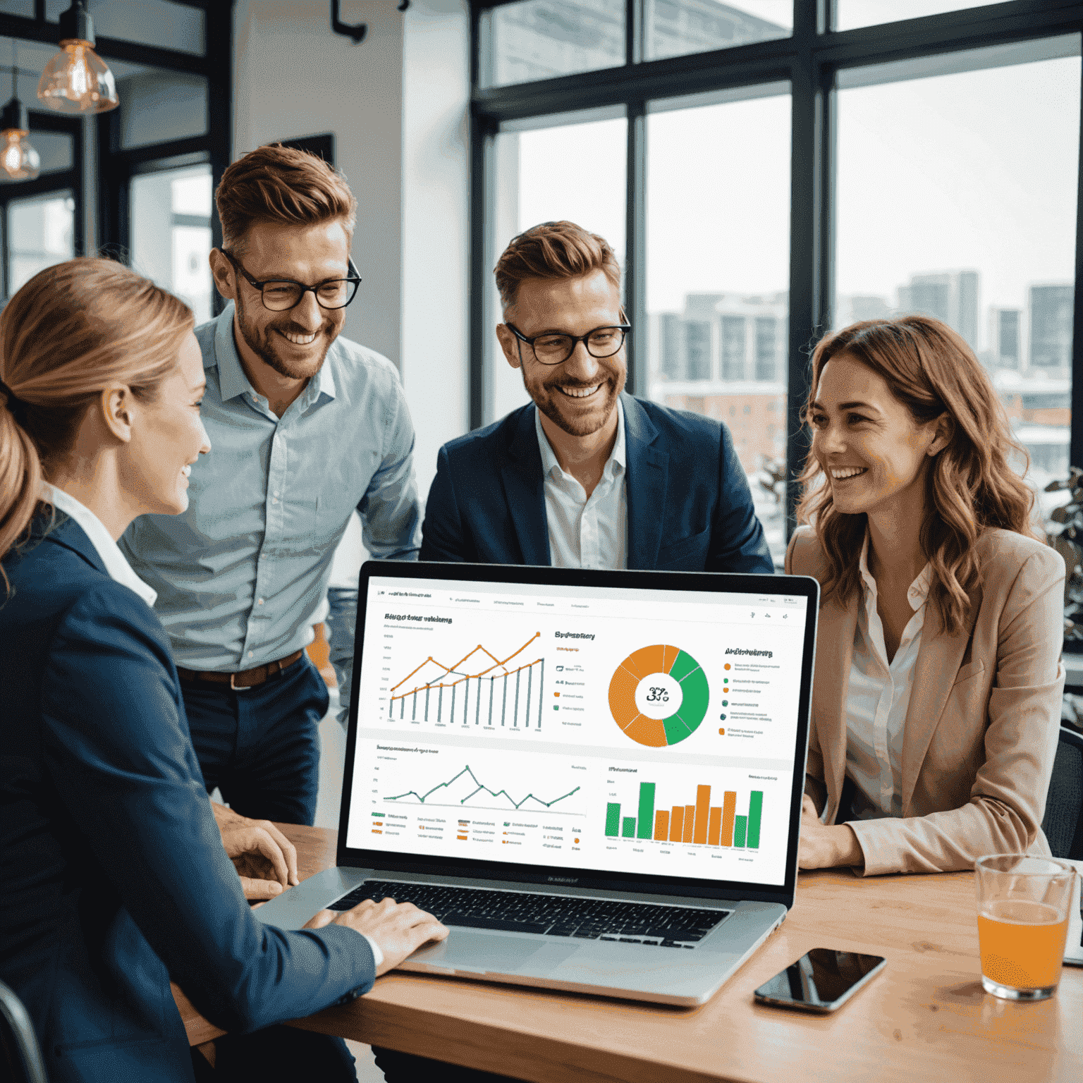A smiling business team looking at a laptop screen showing ApiaryAnalytics dashboard, with growth charts visible