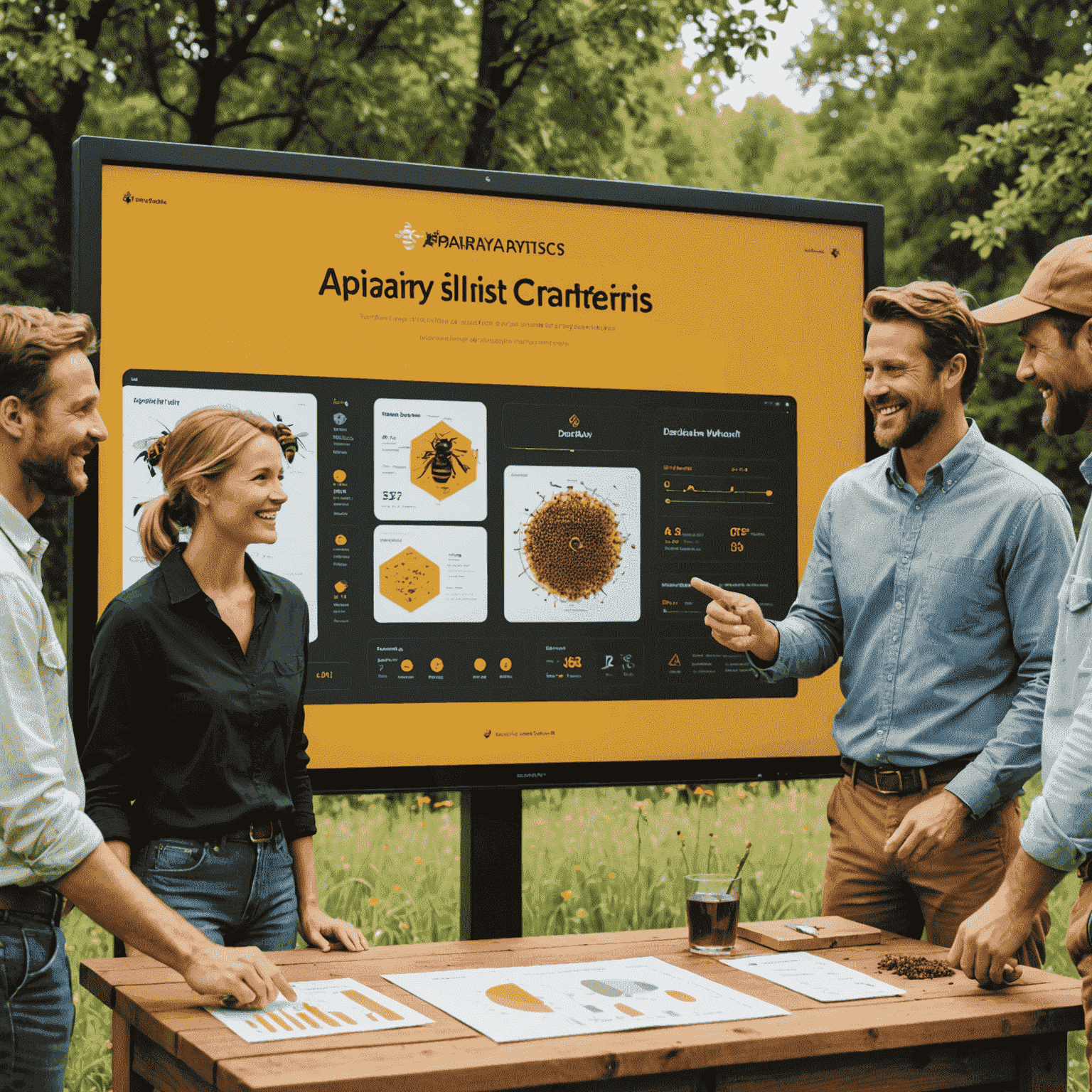A group of beekeepers gathered around a large touchscreen display showing ApiaryAnalytics dashboards. They are pointing at various charts and smiling, indicating successful collaboration and data-driven decision making.