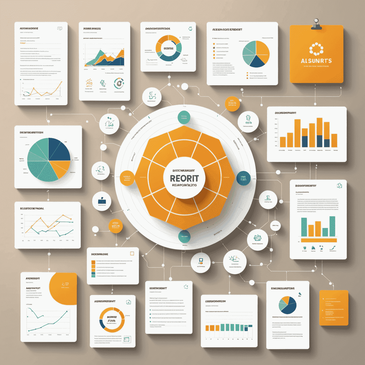 Illustration of automated report generation process, showing data being transformed into professional-looking reports with charts and ApiaryAnalytics branding