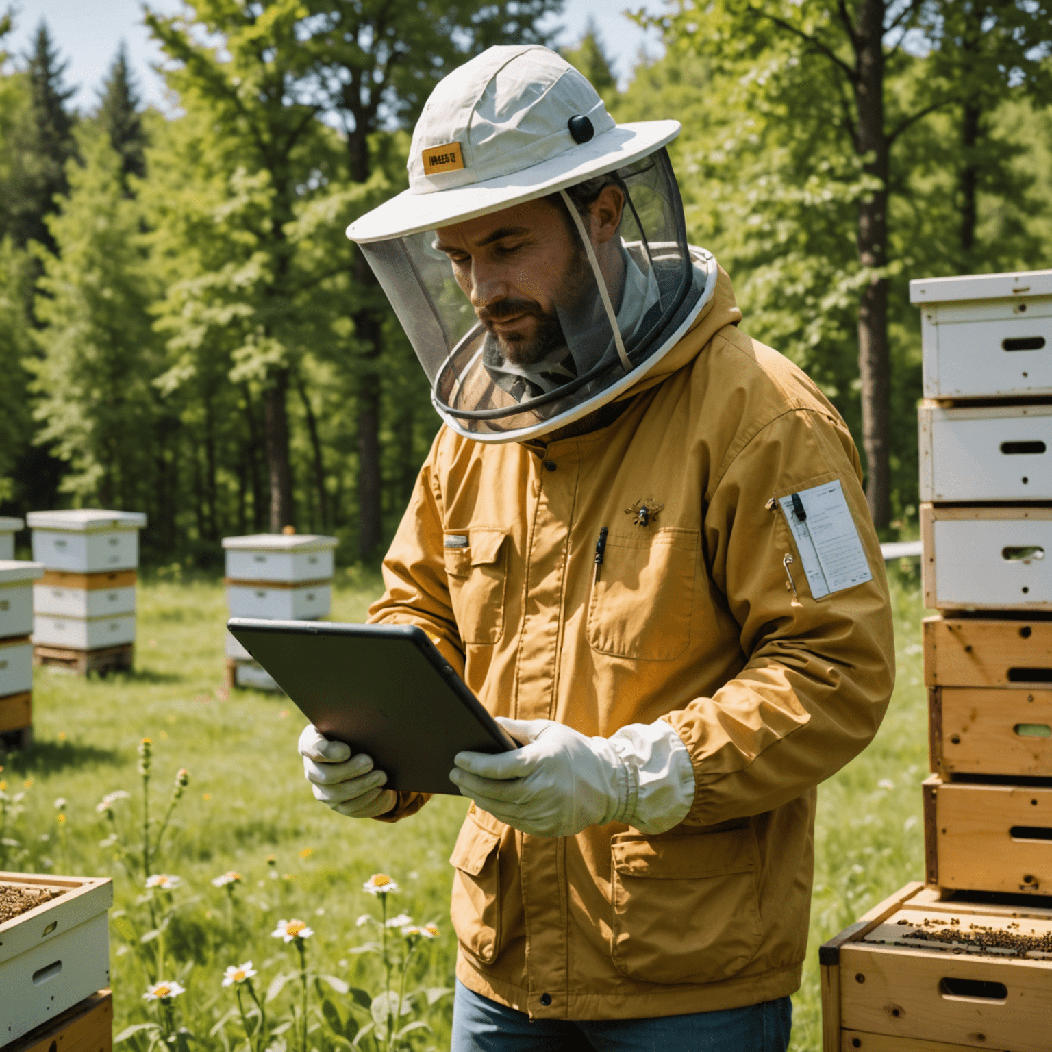 A beekeeper using a tablet to view a custom dashboard while standing in an apiary. The dashboard shows various metrics and the beekeeper is visibly making decisions based on the data.
