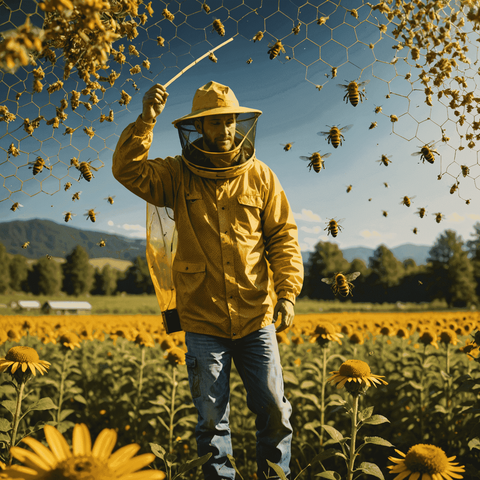Futuristic visualization of predictive analytics, showing trend lines, scatter plots, and machine learning algorithms applied to beekeeping and agricultural data