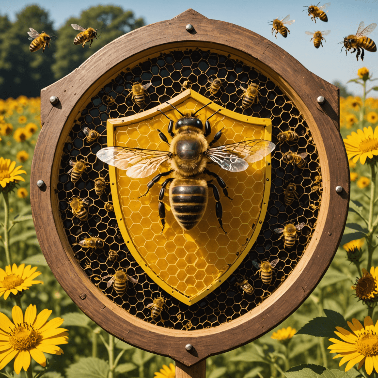 Conceptual image of data security, featuring a shield protecting beekeeping and agricultural data, with locks, encryption symbols, and the ApiaryAnalytics logo